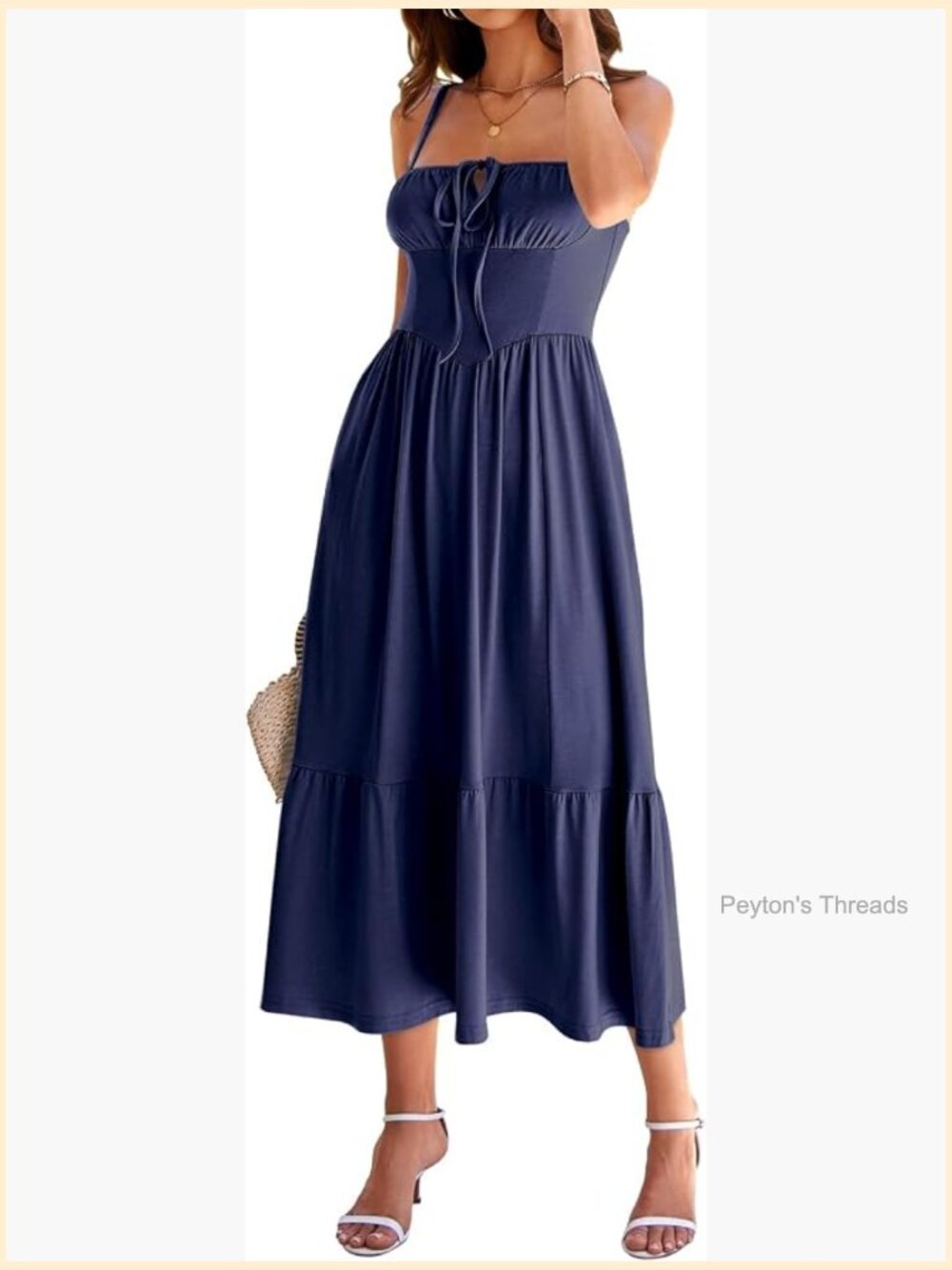 Women's Flowy Midi Sundress with Pockets Spaghetti Strap Lace Up Corset A-Line